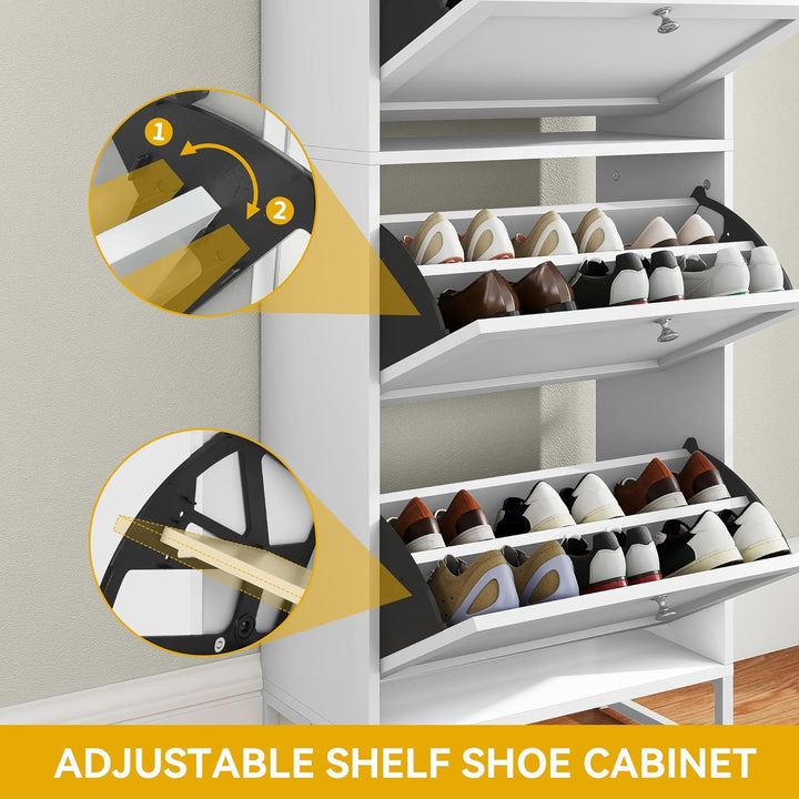 DWVO Schuhschrank Schmal mit 3 Klappen, 25x60x130cm, Schuhkipper Weiss, Schuhkommode Schuhregal mit