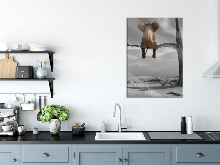 Pixxprint Glasbild | Wandbild aus Echtglas | Elefant auf einem Ast in der Wüste | 60x80 cm | inkl. A