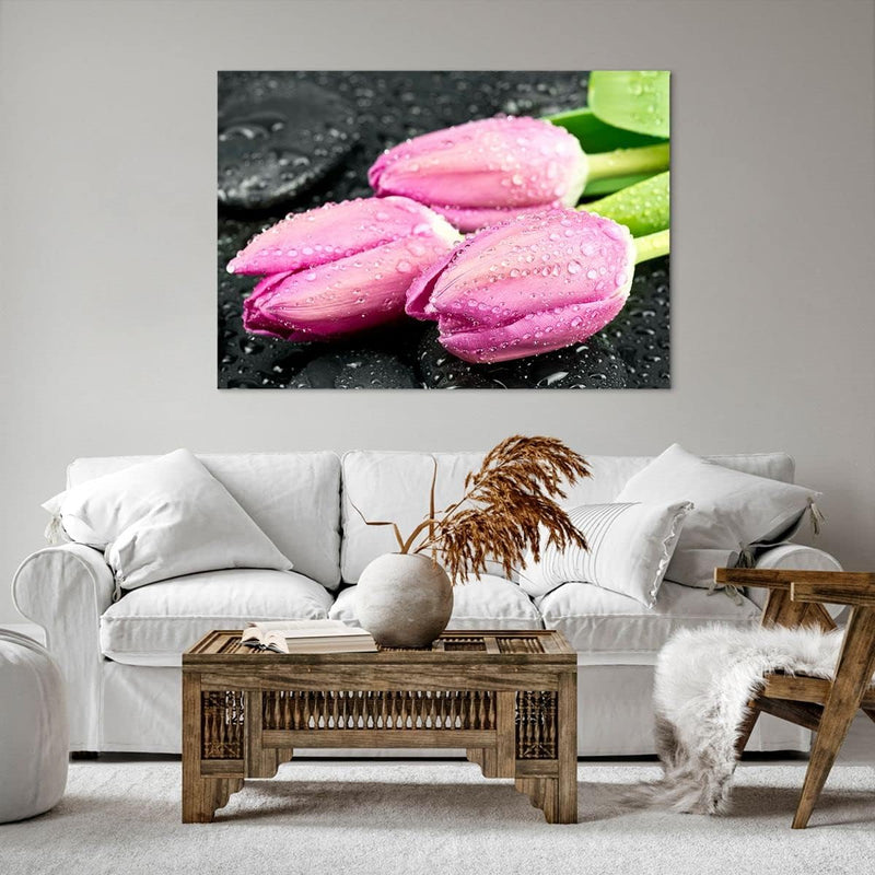 Bilder auf Leinwand 100x70cm Leinwandbild Tulpen Tau Steine Pflanze Gross Wanddeko Bild Schlafzimmer