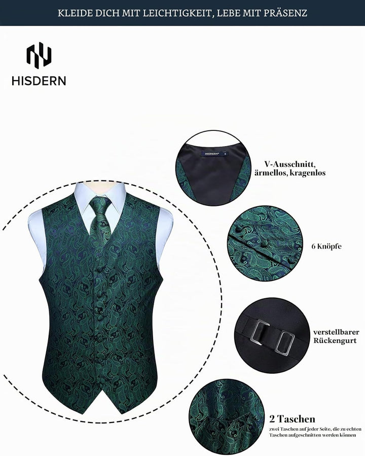 HISDERN Herren FLoral Hochzeit Weste Krawatte Einstecktuch Taschentuch Jacquard Weste Anzug Set S Gr