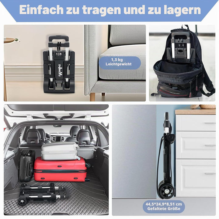 ZHJINGYU Aluminium Sackkarre Klappbar, 35KG Transportkarre mit Teleskopstange - 2 Expanderseilen ink