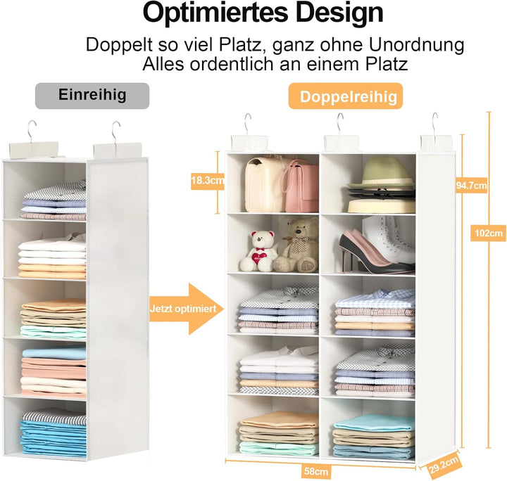 Doppelreihe Hängeregal, Schrank Organizer für Kleidung, Faltbarer Kleiderschrank Organizer mit 3 Met