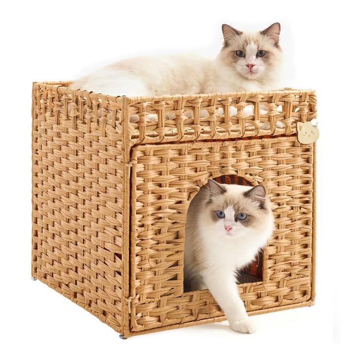 Geflochtenes Rattan-Katzentoiletten-Möbel mit Matte und Zaun, verstecktes Design, 47 x 50 x 48 cm, N