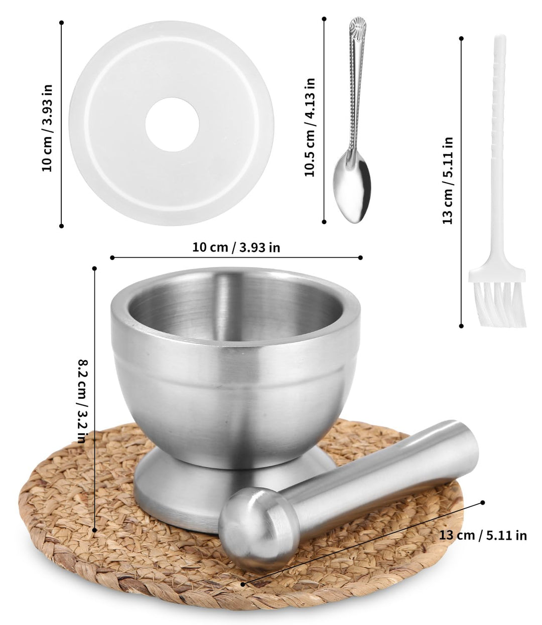304 Mörser mit Stössel Set mit Stössel Klein, Löffel und Silikondeckel Gewürzmühle Brecher Kräutersc