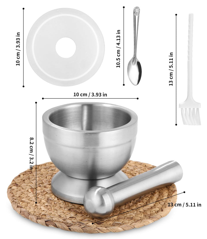 304 Mörser mit Stössel Set mit Stössel Klein, Löffel und Silikondeckel Gewürzmühle Brecher Kräutersc