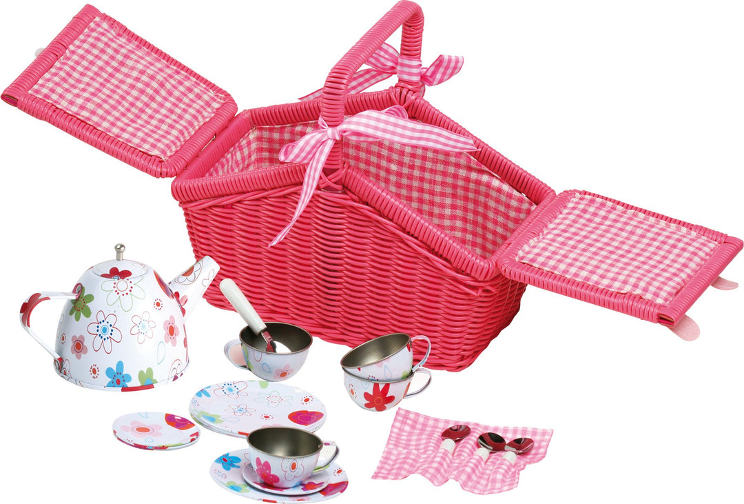 small foot Picknickkorb "Bunte Blumen" aus Rattan in Pink, mit Blechgeschirr in Blumenmuster, 20-tlg