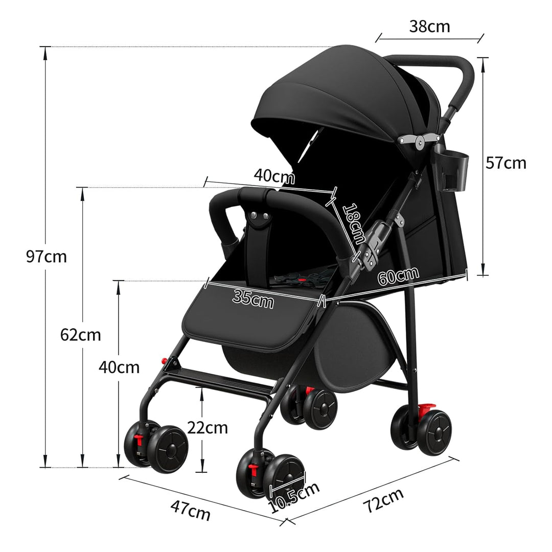 Kompakter Buggy, Liegeposition, 0-4 Jahre, Sitzend oder Liegend, Verstellbarer Griff, 4 Räder, Baumw