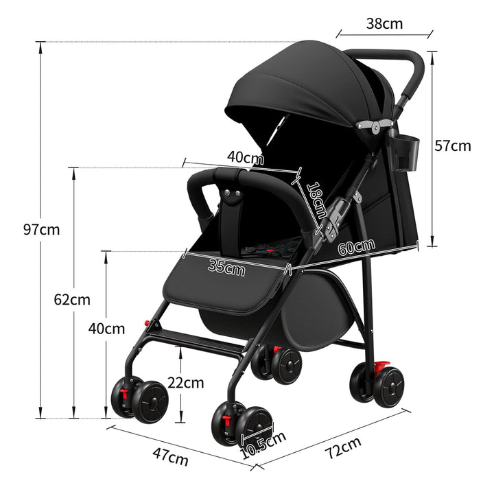 Kompakter Buggy, Liegeposition, 0-4 Jahre, Sitzend oder Liegend, Verstellbarer Griff, 4 Räder, Baumw