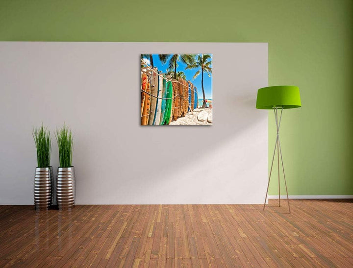 Surfboards am Strand, Format: 70x70 auf Leinwand, XXL riesige Bilder fertig gerahmt mit Keilrahmen,