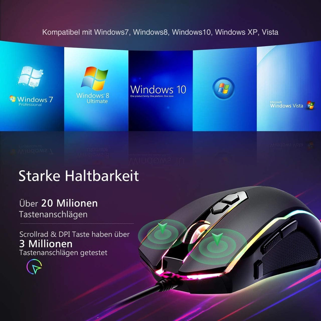 RGB Gaming Maus,Vollion Gamer Maus mit 8 Programmierbare Tasten 7200DPI/RGB-Beleuchtung/Anpassbare S