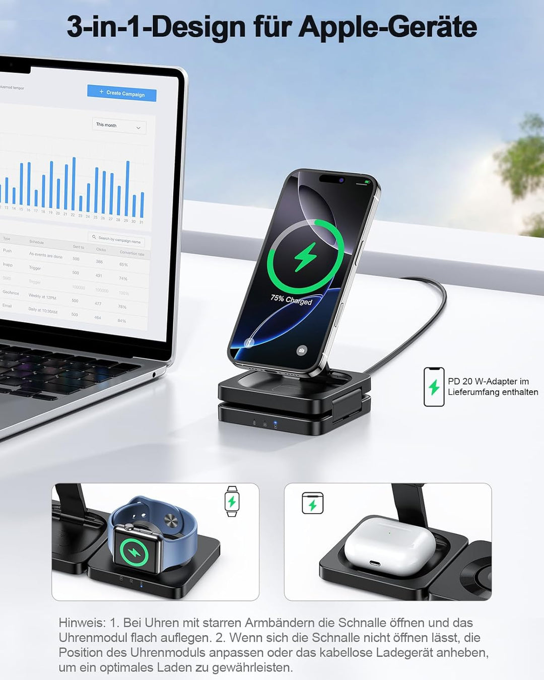 3 in 1 Mag Safe Ladestation für iPhone 17/16/15/14/13/12, ADADPU Faltbare Ladestation Apple Watch un
