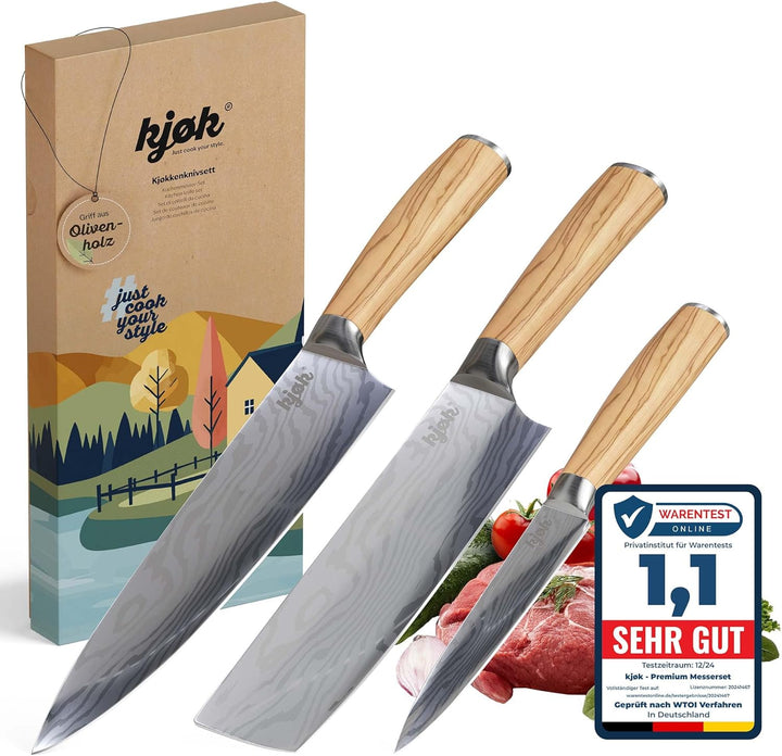 kjøk Premium Messerset Härte 58±2 HRC Asia Küchenmesser Set 3-tlg hochwertig mit Damastmesser-Muster