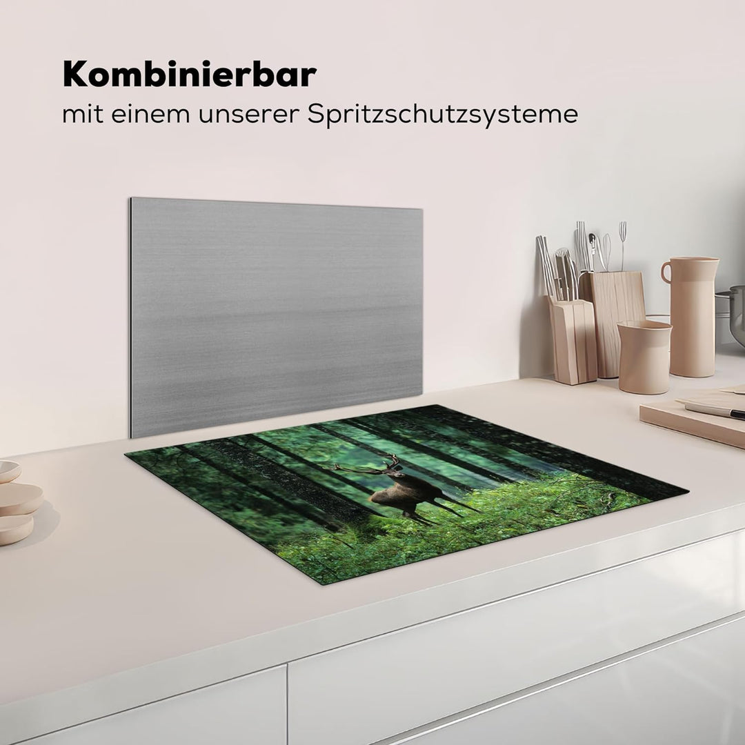 MuchoWow Herdabdeckplatte Ceranfeld Spritzschutz Küche Hirsche - Wald - Bäume - Tiere - Natur 65x52