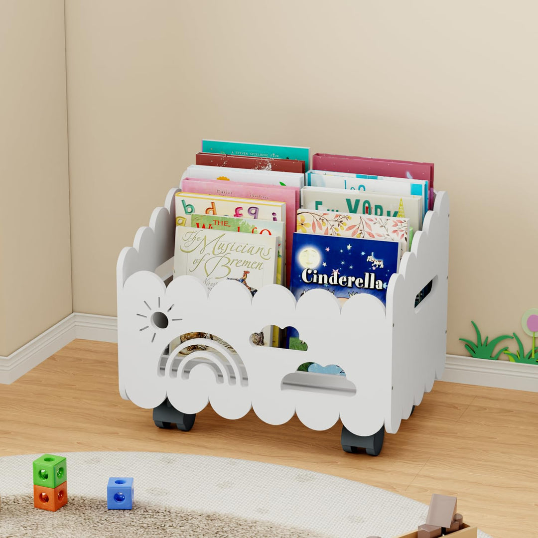 Kinder Bücherregal Holz mit Rollen, Montessori Bücherregal Kinder, Bücherkiste für Leseecke, Babyzim