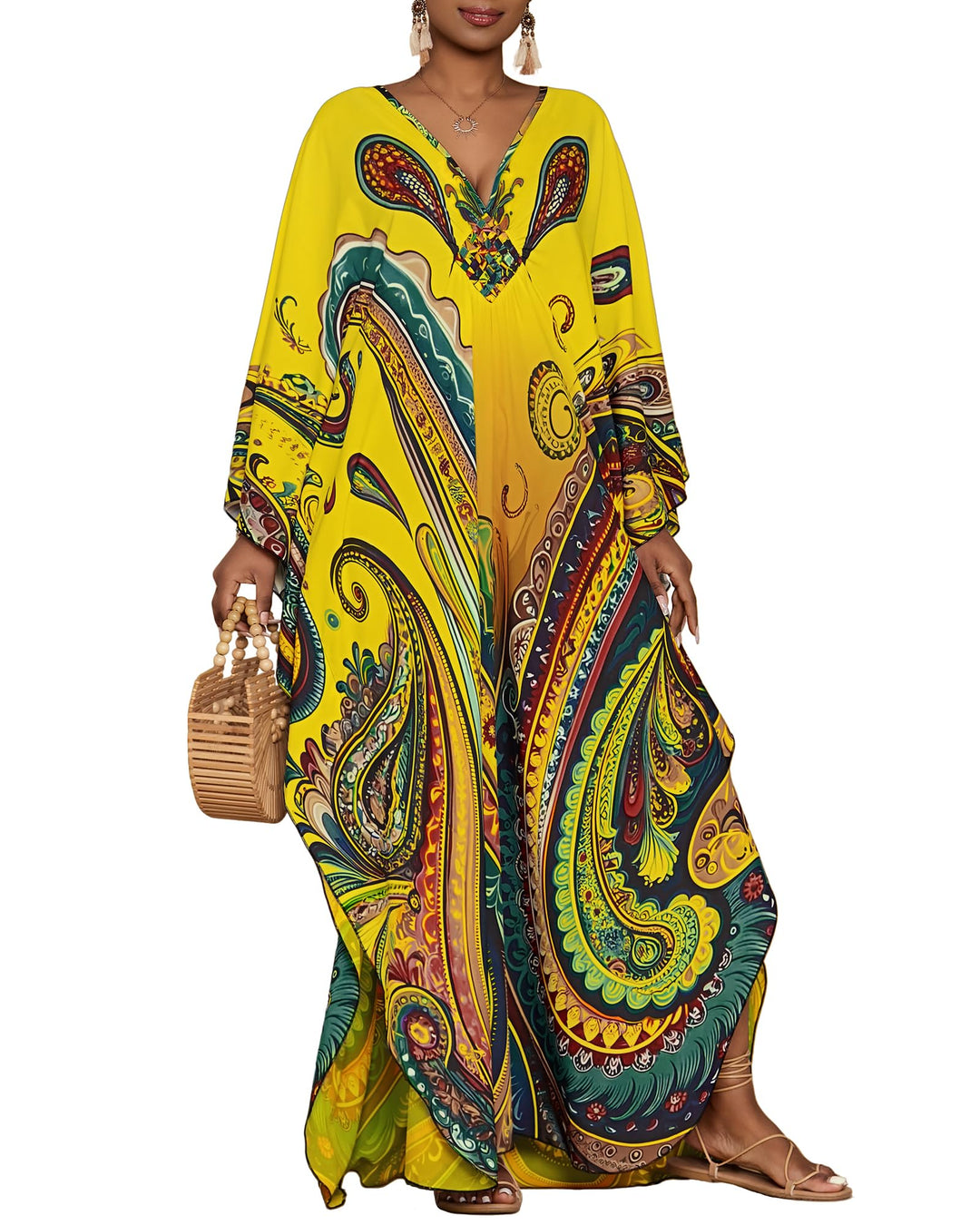 Bsubseach Damen Kaftan Kleider Batwing Sleeve Strandkleid V-Ausschnitt Caftan Maxi Kleid Sommer | Pa