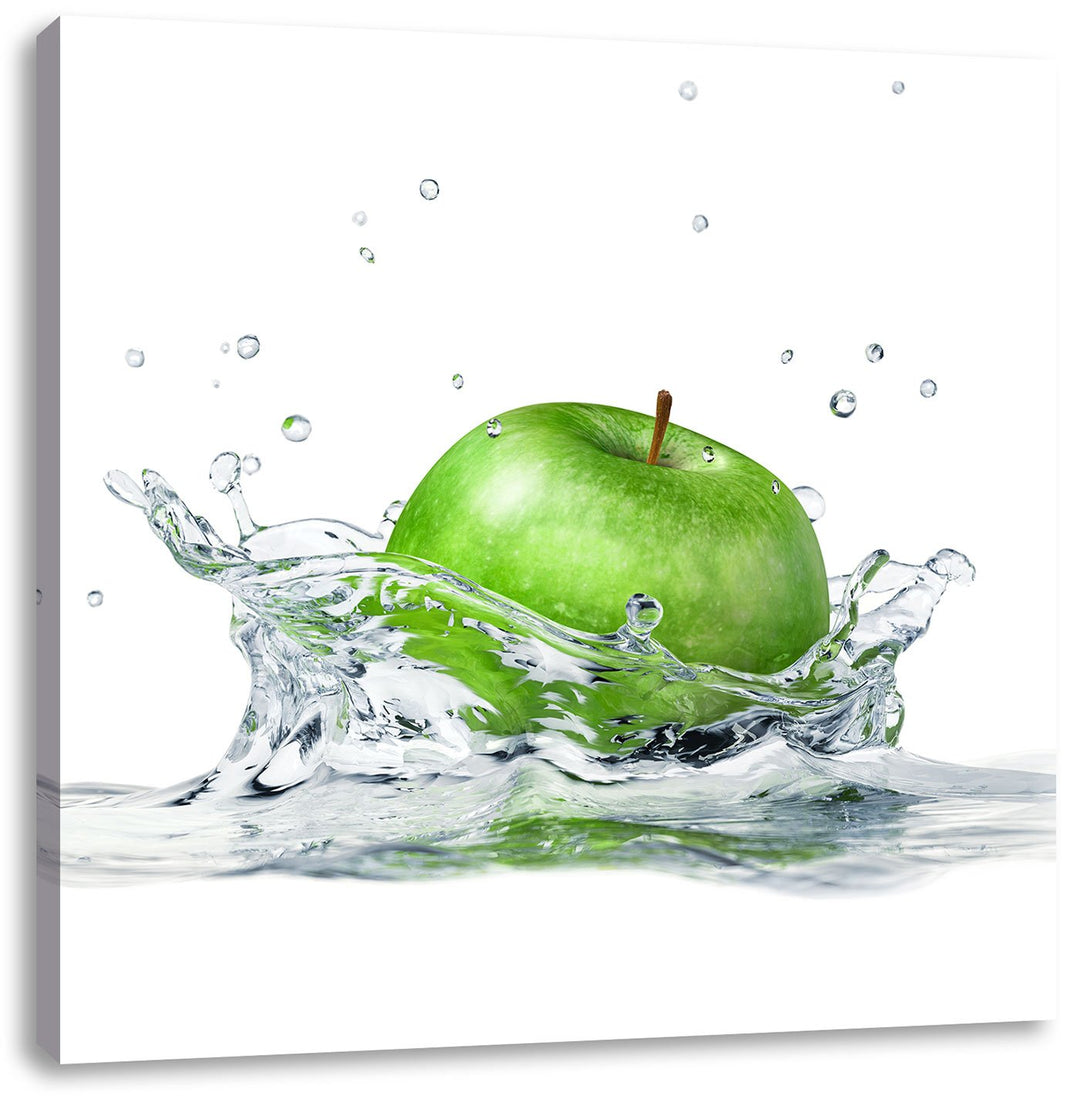 Pixxprint Grüner Apfel fällt in Wasser, Format: 70x70 auf Leinwand, 70x70