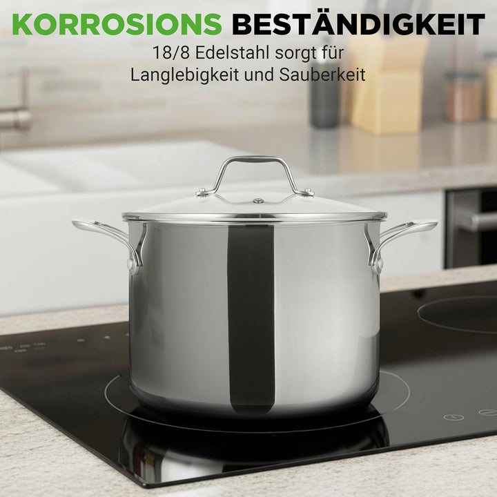 NutriChef Kochtopf gross, 8L Suppentopf Induktion aus Edelstahl mit Glasdeckel, 18/8 Grossraumtopf H