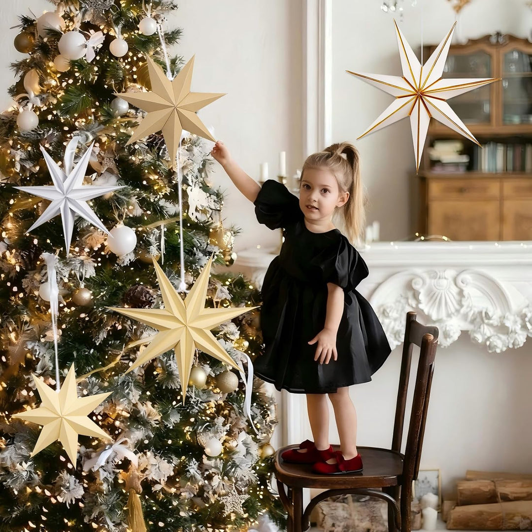 SUNBEAUTY 5 Stück Papiersterne zum Aufhängen Weiss,Braun Papiersterne Weihnachten 7 Zacken Faltstern
