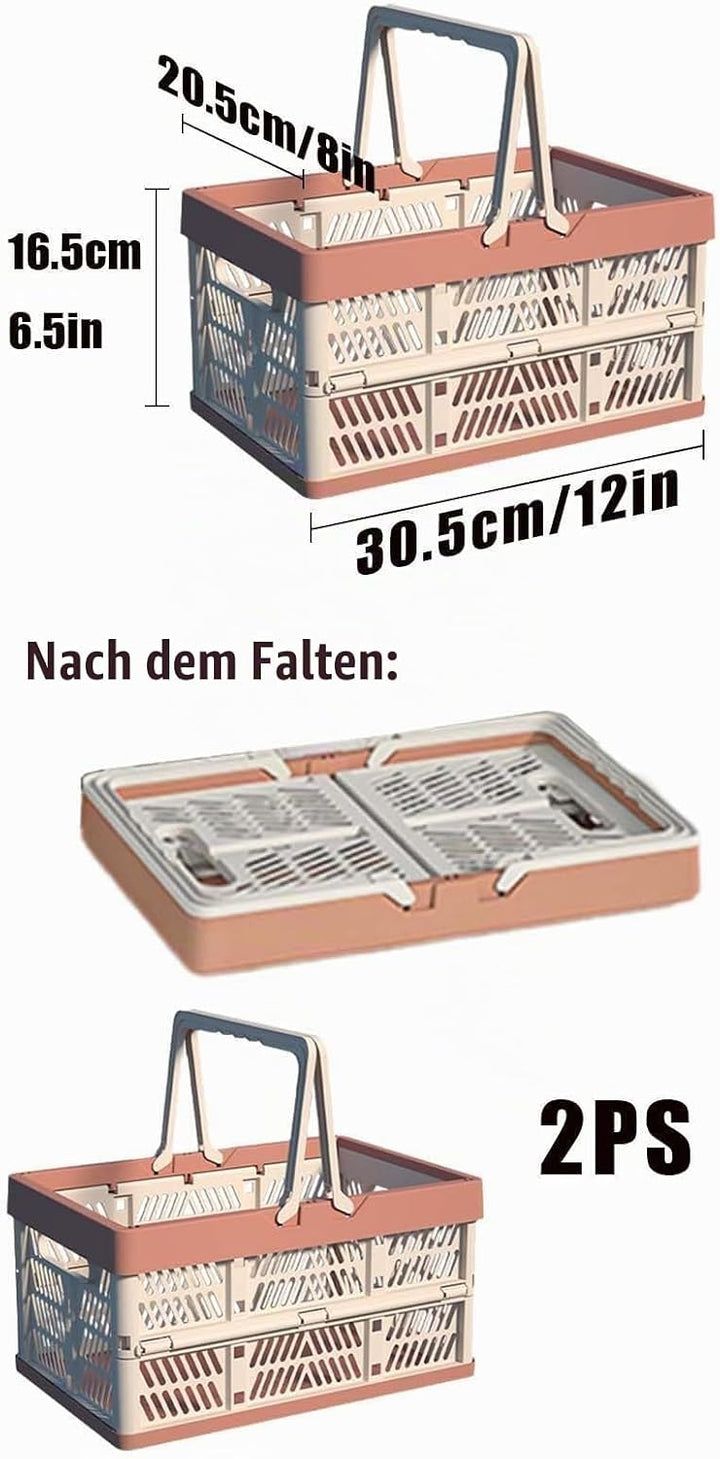 2 Stück Korb,Faltbarer klappbox klein,Camping Klappbox Plastik mit Henkel,Einkaufskorb Faltbar,Einka