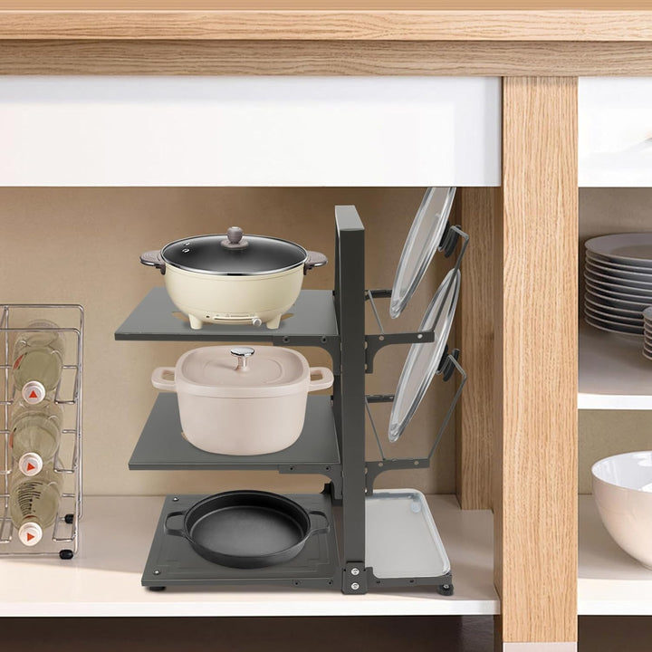 3-stufiger Kochgeschirr-Organizer Topf Organizer Schublade Pfannen 2 Deckelhalter höhenverstellbar 3