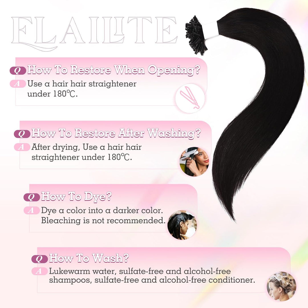 Elailite Bonding Extensions Echthaar Naturschwarz 25 Strähnen 25g Haarverlängerung Glatt U Tip Kerat