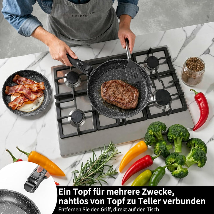 Kiseely Pfannenset mit Abnehmbarer Griff,Bratpfanne mit Antihaft beschichtung,Cool-Touch Handles Sui