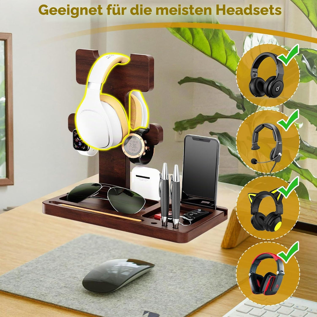 Kopfhörerständer für Schreibtisch, Gaming-Headset-Ständer, Holz-Headset-Halter mit multifunktionaler