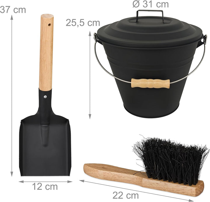 Relaxdays Ascheeimer mit Deckel, 10 Liter, inkl. Aschebesen & Kaminschaufel, Aschebehälter mit Henke
