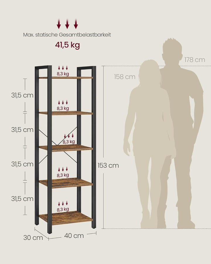 VASAGLE Regal, Bücherregal, Standregal, Aufbewahrungsregal mit 5 Ebenen, Industrie-Design, für Wohnz