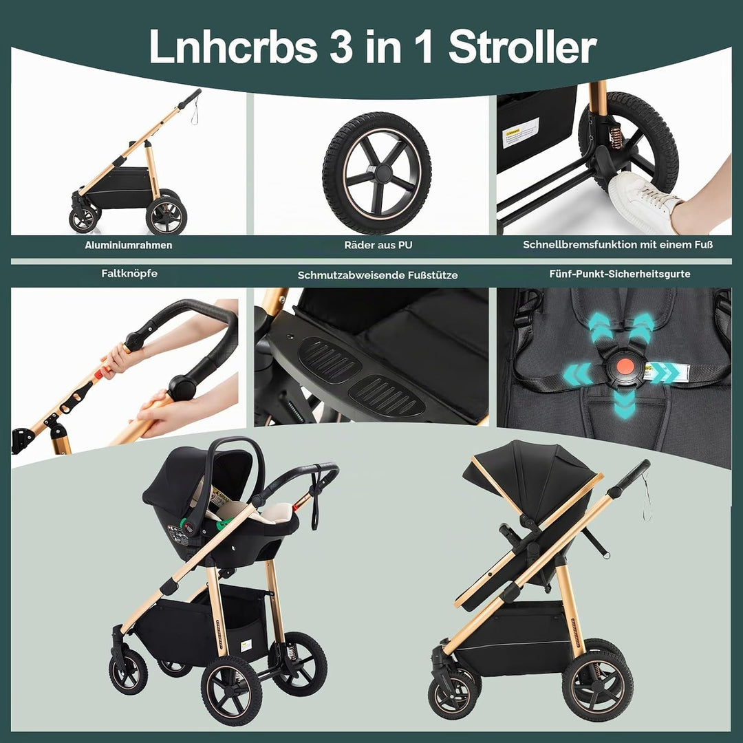 Kinderwagen 3 in 1, Kinderwagen &amp; Buggys mit Autositz mit verstellbarem Griff, Kinderwagen mit Fests