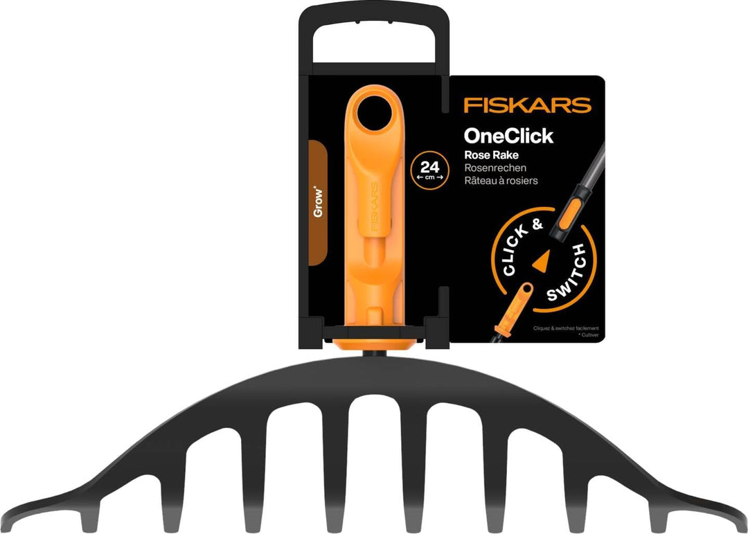 Fiskars OneClick Rosenrechen, Schmaler Rechen-Aufsatz für Enge Beete, Müheloses Wechseln mit nur ein