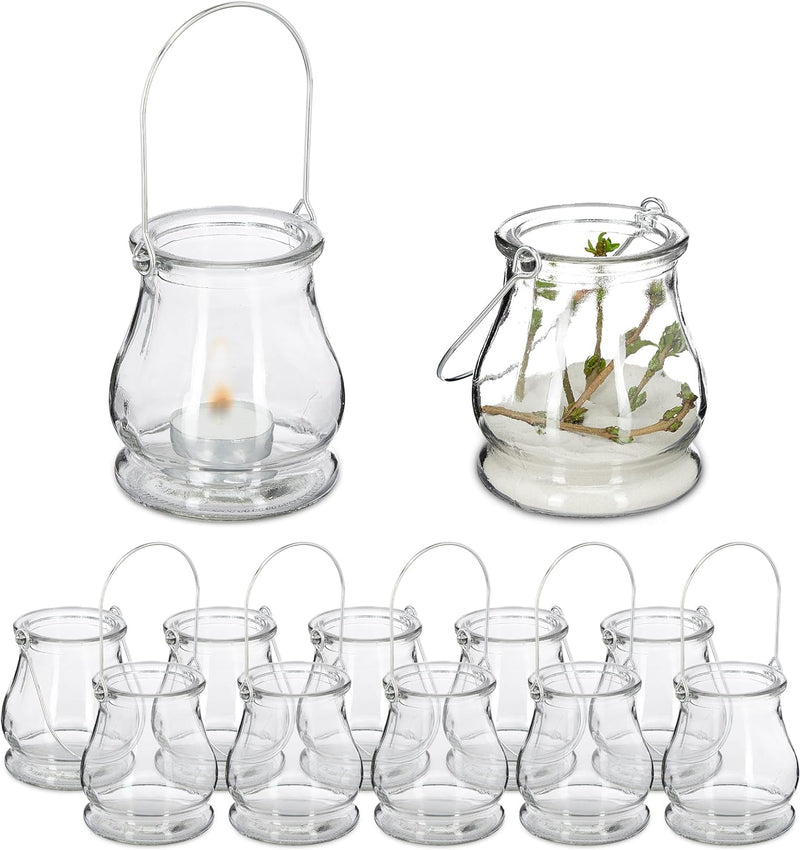 24 x Windlicht, aus Glas, Henkel zum Aufhängen, innen & aussen, Teelichthalter, H x D: 10 x 8,5 cm,