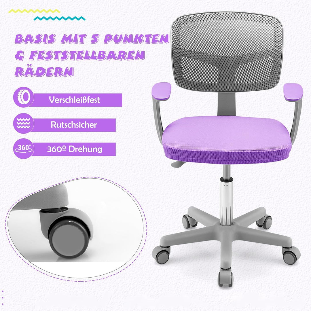 COSTWAY 360° Drehbarer Kinderschreibtischstuhl, 80-91,5 cm Höhenverstellbarer Jungendstuhl mit Rücke