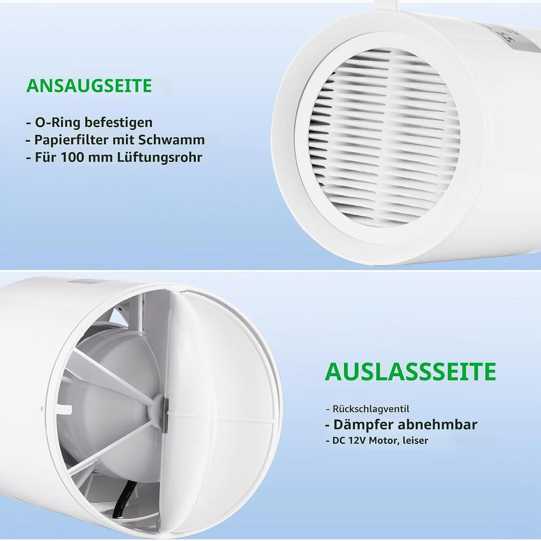 100mm Inline Kanalventilator, DC 12V-Extraktor Spannungsregler, Filternetz, Scheckventil Axiallüfter
