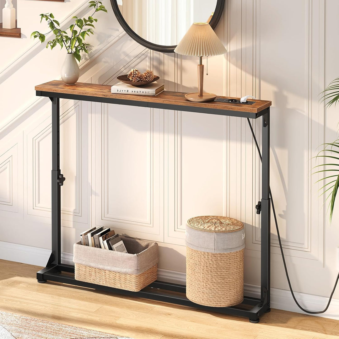 HOOBRO Schmaler Konsolentisch (15 cm breit), höhenverstellbar (63,5-83,5 cm), Sofatisch mit Ladestat