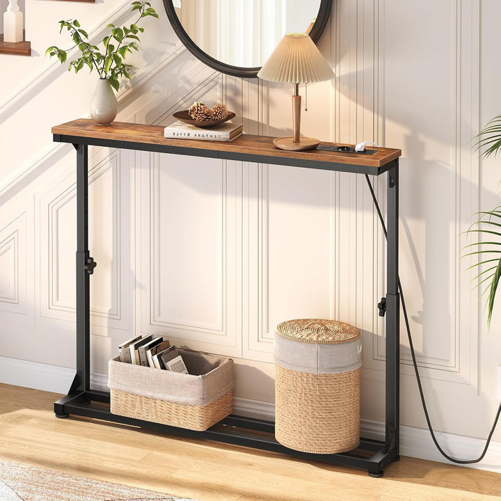 HOOBRO Schmaler Konsolentisch (15 cm breit), höhenverstellbar (63,5-83,5 cm), Sofatisch mit Ladestat