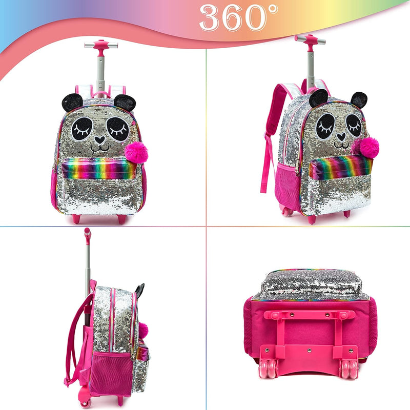 HTgroce Trolley Rucksack Kinder Mädchen,Panda 3 in 1 Kinder Trolley Schultasche mit Rollen Rucksack