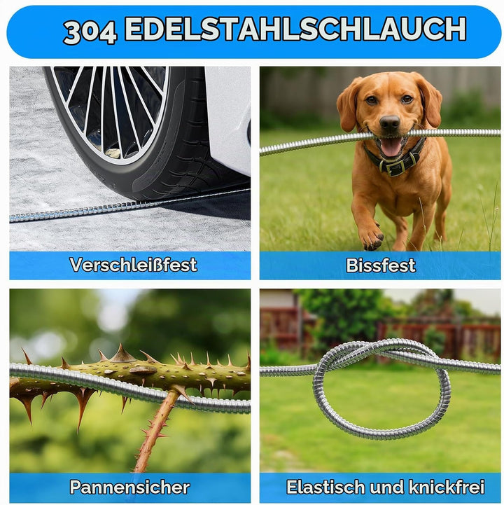 SPECILITE Schlauchtrommel Edelstahl mit 30 m Wasserschlauch, Gartenbrause und 1,9 m Zulaufschlauch,