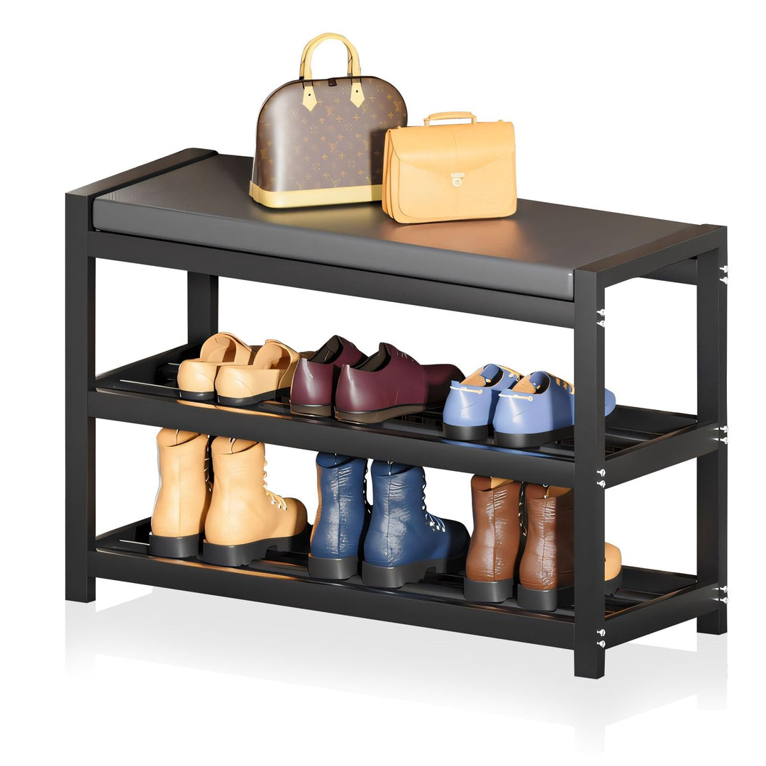 Schuhbank mit Sitzfläche, Metall Schuhregal mit 3 Ebenen, bis 150 kg belastbar, 65 x 25 x 41,5 cm, S