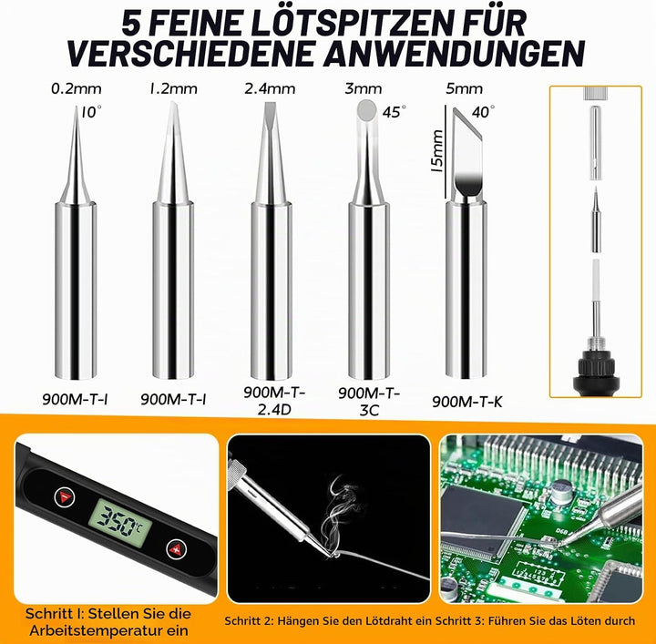 80W Lötkolben Set mit LCD-Temperaturdisplay, 7s Schnelles Aufheizen & Einstellbar 180-500°C, Komplet