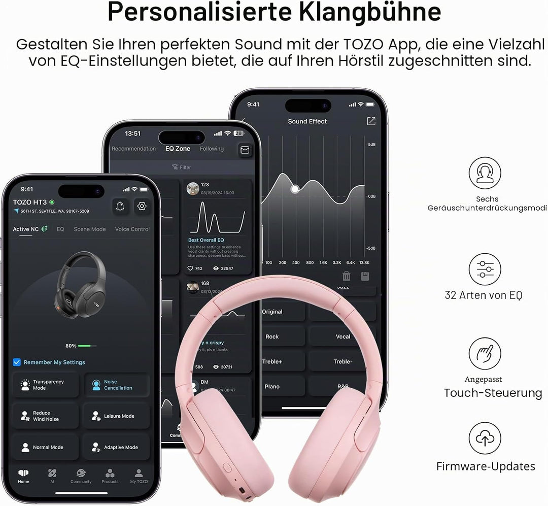 TOZO HT3 Adaptive Hybrid-Kopfhörer mit aktiver Geräuschunterdrückung, kabellos, Rosa Over Ear Kopfhö