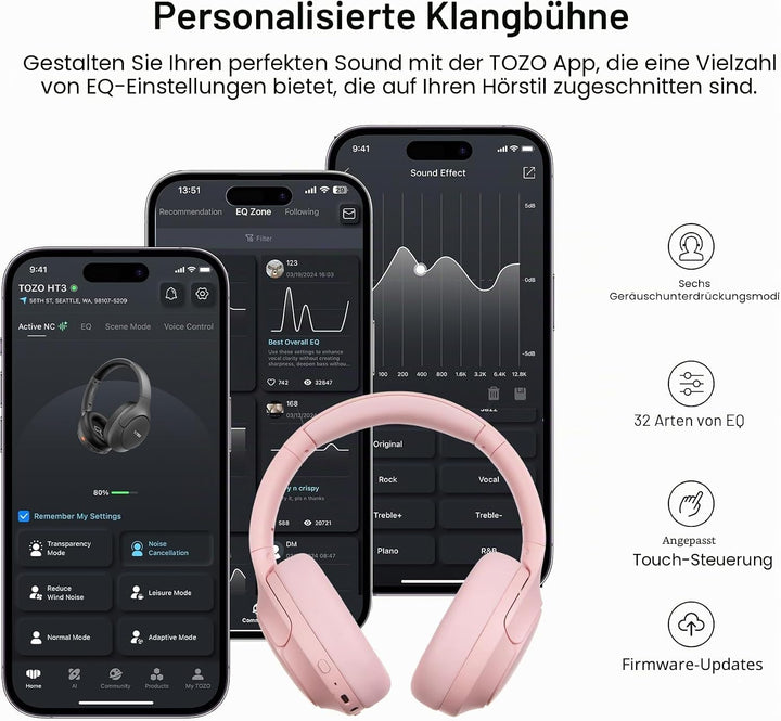 TOZO HT3 Adaptive Hybrid-Kopfhörer mit aktiver Geräuschunterdrückung, kabellos, Rosa Over Ear Kopfhö