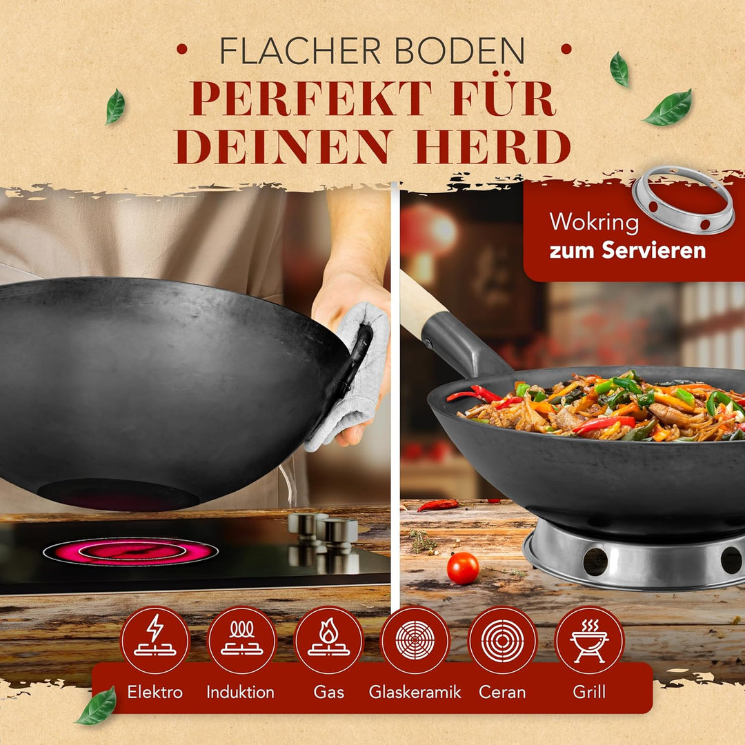 KRUSTENZAUBER 36cm Wokpfanne Induktion voreingebrannt - Traditionelle Stahlwokpfanne mit Wokwender u