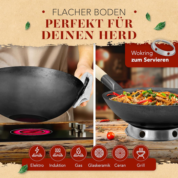 KRUSTENZAUBER 36cm Wokpfanne Induktion voreingebrannt - Traditionelle Stahlwokpfanne mit Wokwender u