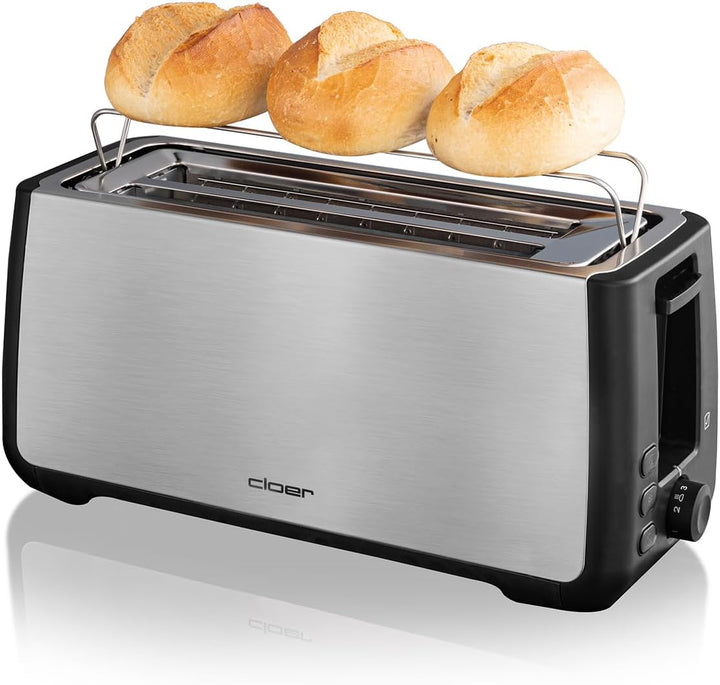 Cloer 3579 King-Size Toaster für 4 XXL Scheiben, Check-Funktion, Edelstahlgehäuse, 1500 Watt, schwar