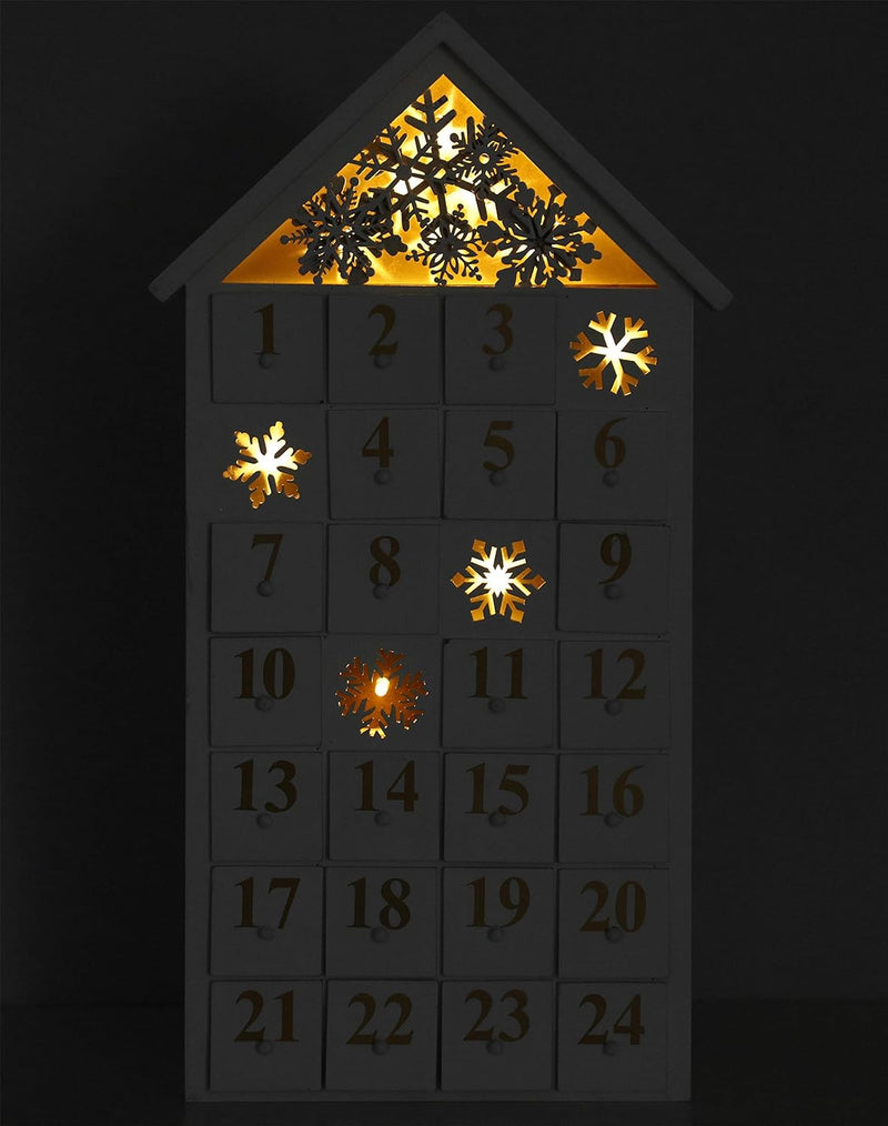 BRUBAKER Adventskalender aus Holz zum Befüllen - Weisses Schneehaus mit LED-Beleuchtung - Wiederverw