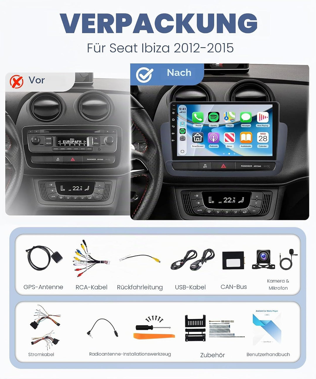 Rimoody 8 Core 6G+128G Autoradio Android für Seat Ibiza 2012-2015 Carplay Wireless 9" Radio mit Andr