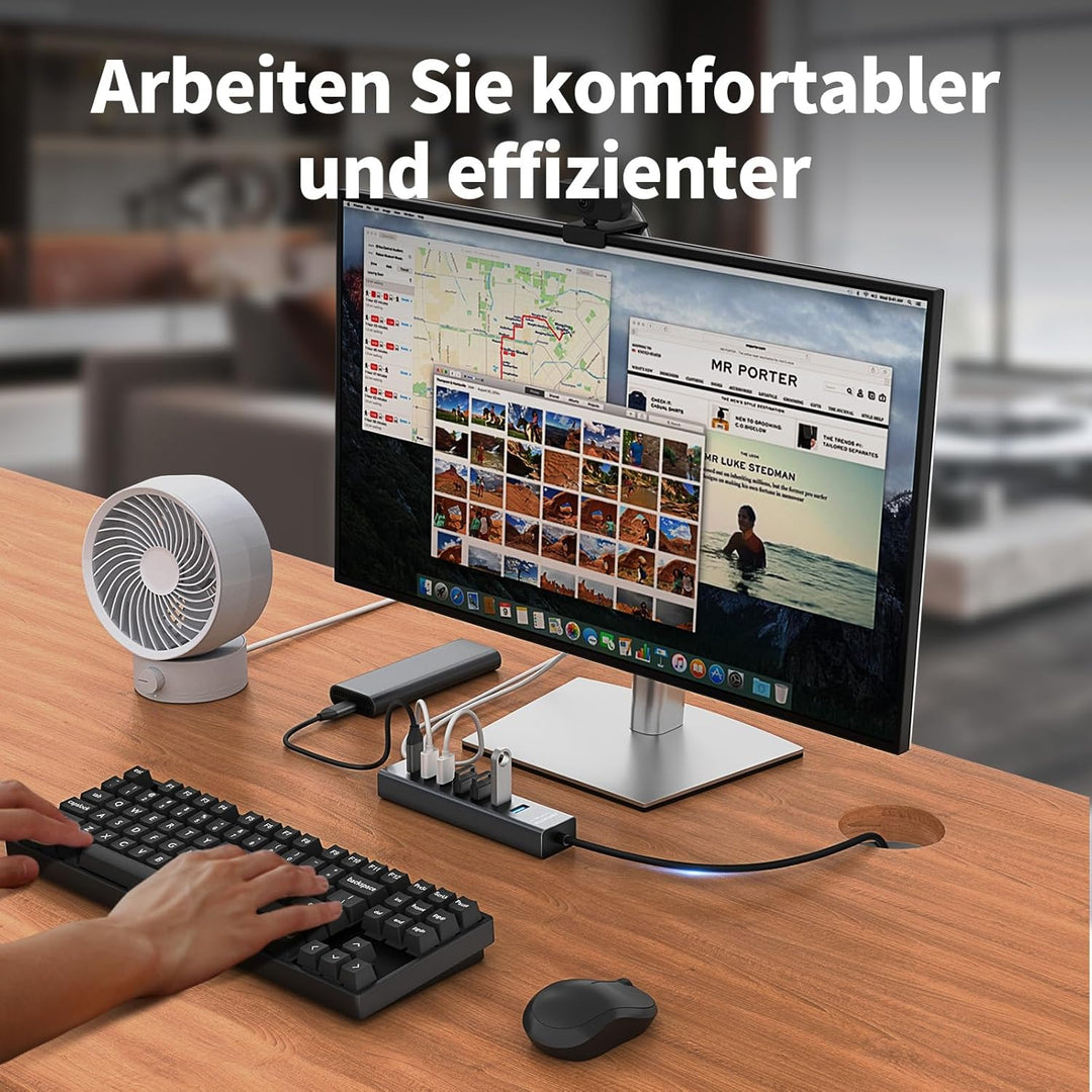 7-Port USB Hub 3.0 mit 120cm Kabel für Desktop, Aluminium USB Verteiler 5Gbps Multiport Adapter mit