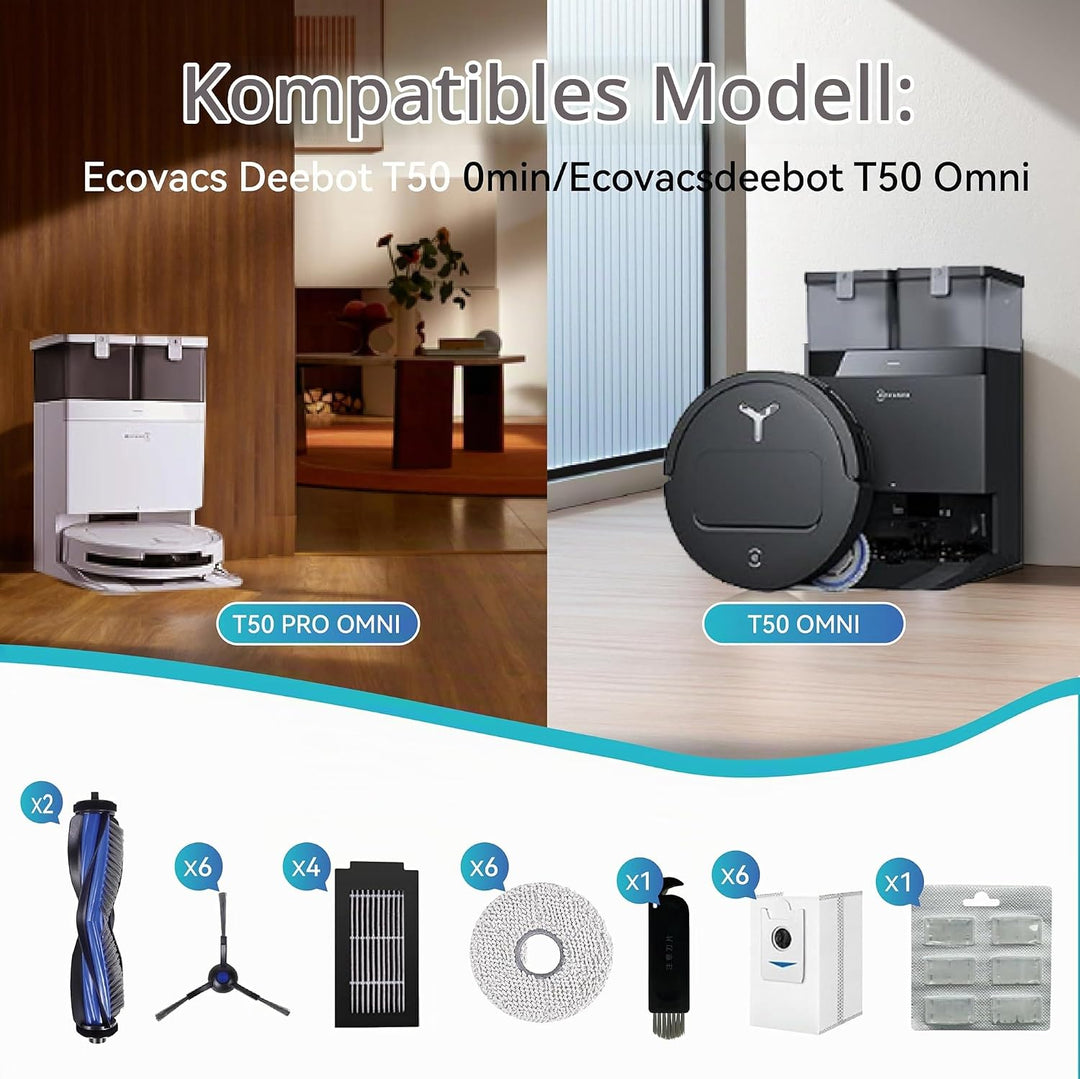 24 Stück Zubehör-Set Passend für Ecovacs Deebot T50 Omni/T50 Pro Omni, 1 Hauptbürste, 4 Filter, 6 Se