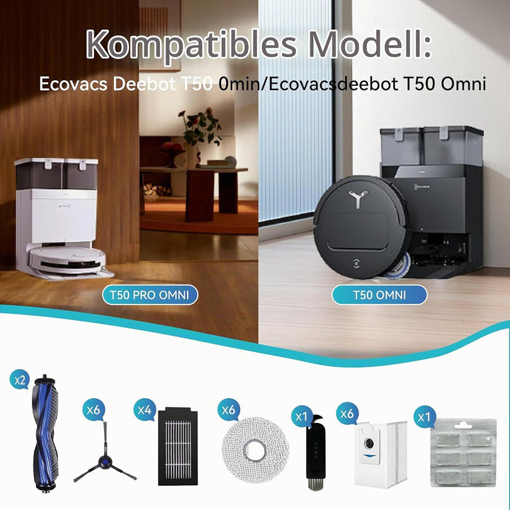 24 Stück Zubehör-Set Passend für Ecovacs Deebot T50 Omni/T50 Pro Omni, 1 Hauptbürste, 4 Filter, 6 Se